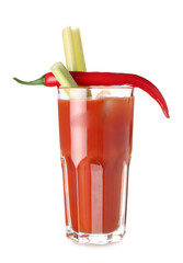 Glass of bloody mary cocktail with celery and chili pepper on white background