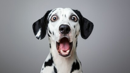 Studio shot of adorable dog looking surprised with mouth open and big eyes against gray background Copy space for text