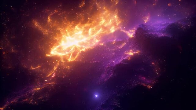 An animation view of a cosmic nebula with vibrant orange and purple glowing gas clouds in deep space. Perfect for sci-fi themes, astronomy visuals, and futuristic designs.