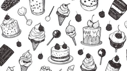 Hand-Drawn Dessert Pattern Featuring Ice Cream, Cakes, and Sweet Treats