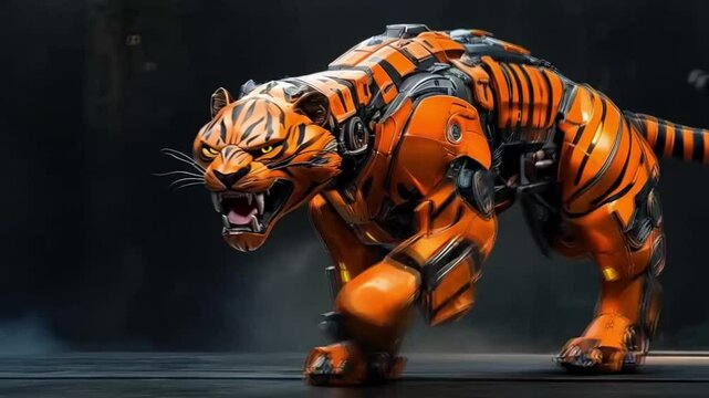 The mecha tiger roared to life, its metallic body gleaming under the bright lights of the arena, showcasing a blend of advanced technology and fierce design that captivated the audience.