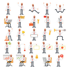 bald office worker characters in different poses illustration set