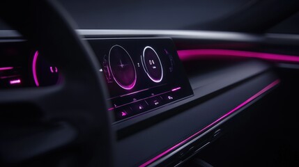 A futuristic car interior with digital display and pink ambient lighting