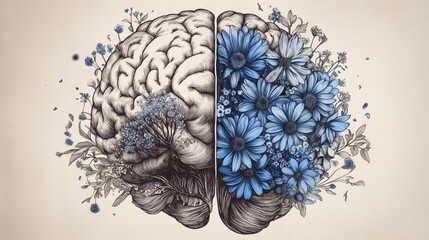 Illustrated the brain with one half anatomical and one half transformed into a lush garden with blue flowers, symbolizing research, hope and healing, World Parkinson's Disease Day awareness concept