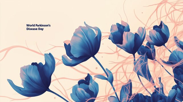 World Parkinson's Disease Day, Intertwining neural pathways turning into blooming blue tulips, modern typography with high contrast on a soft background, awareness illustration. 
