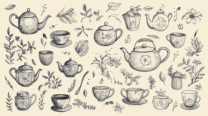 Elegant Hand-Drawn Tea Pots and Floral Elements Collection for Creative Projects