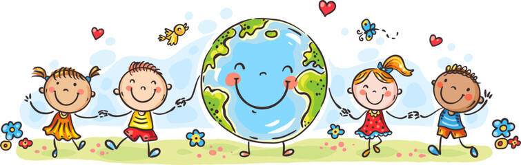 Children world peace, happy ethnic kids, cartoon boys and girls holding hands, earth symbol