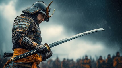 Obraz premium Fierce samurai warrior holding a katana in the rain with a dark stormy background 