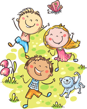 Hand drawn cartoon kids having funn otdoors together. Cute children jumping with joy, summer outdoor activity