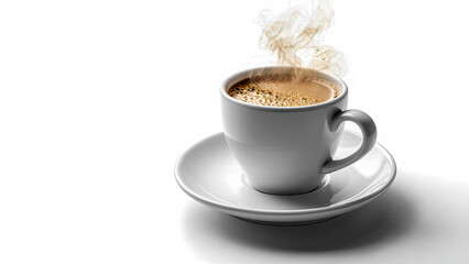 Obraz premium A steaming cup of espresso with a rich crema layer, served in a white ceramic cup and saucer