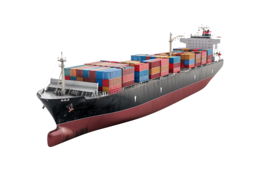 Extensive shipping vessel with a full deck of container cargo isolated on transparent background