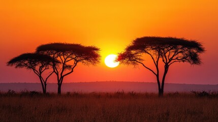 Trees stand at sunset. Orange sky and grass field. Nature landscape silhouette. Sun shines bright. Calm scenery in the evening.