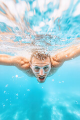 Fototapeta premium Energetic underwater view of a swimmer diving with goggles into bright blue water