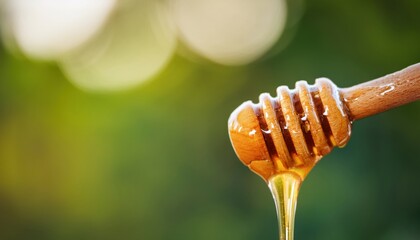 Naklejka premium a close-up shot of honey dripping from a wooden honey dipper. The honey is golden and viscous, creating a beautiful and mouthwatering texture