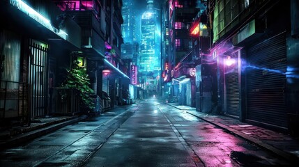 Neon Lit City Street at Night with Reflections and Futuristic Architecture