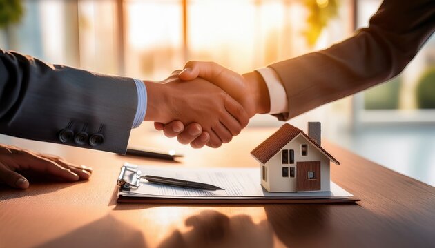 two businessmen shaking hands over a small house model on a table, signifying a successful real estate deal
