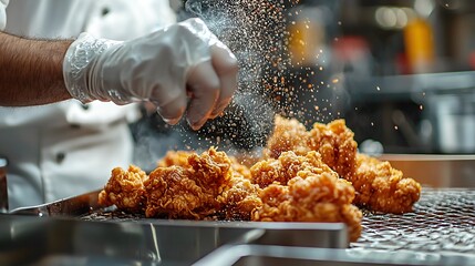 Professional chef spinning out a pile of crispy fried chicken from the commercial fryer in kitchen