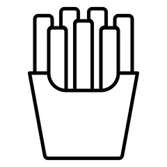Minimalist outline icon of French fries in a carton, a classic diner and fast-food side. Ideal for illustrating casual dining, takeout, or snack-related themes in restaurant designs.
