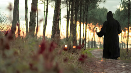 A person in robes walks down a forest pathway at sunset