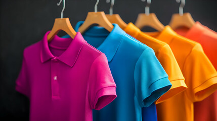 Colorful T-Shirts Hanging On Wooden Hangers