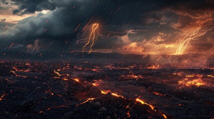 Naklejka premium The abstract beauty of a lightning storm captivates. Dark clouds and rain enhance the scene's drama.