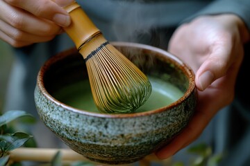 Hand mixing ceremonial matcha tea with a bamboo whisk