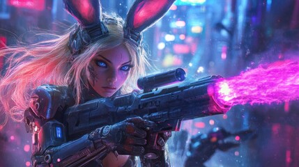Cyberpunk Bunny Girl with futuristic weapon