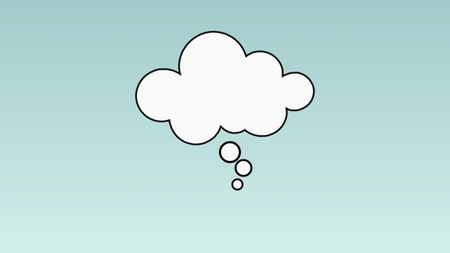 4k animation video simple white thought bubble with smaller bubbles trailing below, set against a light blue gradient background. Clean, minimalist design.