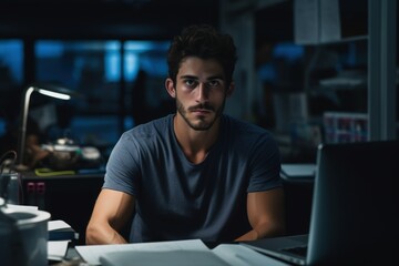 A man is sitting at a desk with a laptop in front of him