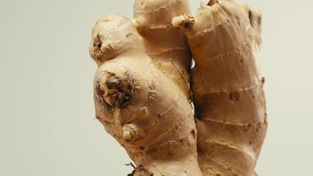 Ginger root and sliced on old plank with nature background. Close-up, food texture, tea lemonade ingredient in bar.