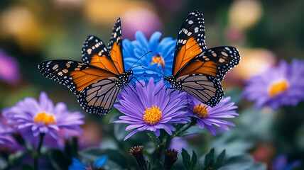Fototapeta premium Fluttering Beauty, a Butterfly Grazing on a Flower, butterfly, nature, flower, plant, color, beauty, spring, background, macro, summer, garden, green, season, bright, natural, blossom.