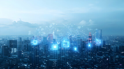 Illuminated Cityscape At Night With Futuristic Network Connections And Data Flow