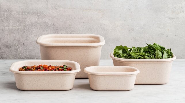 sustainable packaging design eco friendly solution, Containers with fresh food and vegetables arranged on a neutral background.