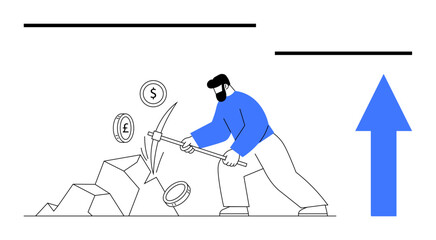 Man wielding pickaxe breaking rocks as currency symbols emerge, with upward arrow signifying growth. Ideal for finance, investment, mining efforts, economy, resource harvesting, wealth creation, flat