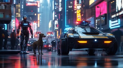 Fototapeta premium Cyberpunk Cityscape: Robot, Dog, and Futuristic Police Car
