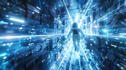 Fototapeta premium A digital astronaut floats down a tunnel of glowing blue code.