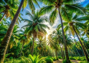 Fototapeta premium Towering palms, lush foliage dominate this tropical beach forest; documentary photography captures its vibrant essence.