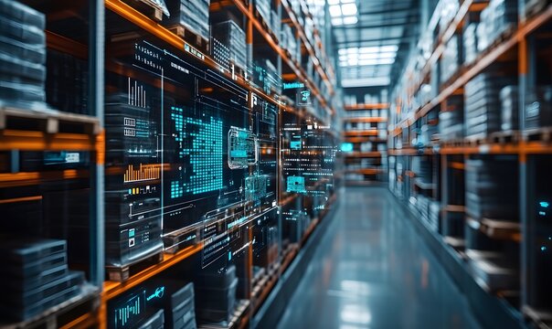 a warehouse interior with a futuristic digital interface.