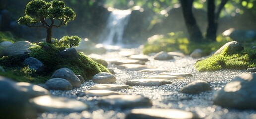 Fototapeta premium Stepping stones at zen garden waterfall. Tranquil, meditative