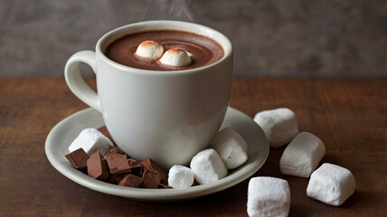 Hot chocolate. Steaming cup of hot chocolate with marshmallows. Marshmallows in cocoa.