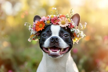 Cute adult dog boston terrier wearing free flower circlet on its head. Warm season happiness. Morning glow. Happy dog in a scenic meadow. Sunshine and joy for pets. Happy little puppy.