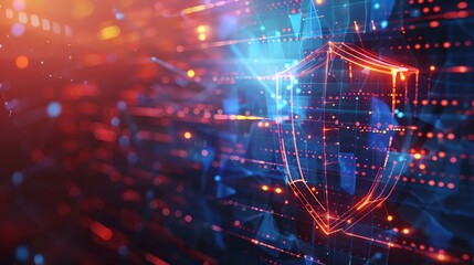 Obraz premium A digital shield glows brightly in a background of red and blue lights.