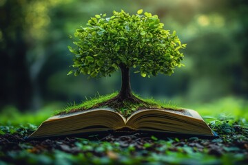 Small green tree growing from an open book