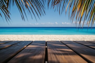 Tropical Beach with Wooden Table and Palm Leaves in Foreground