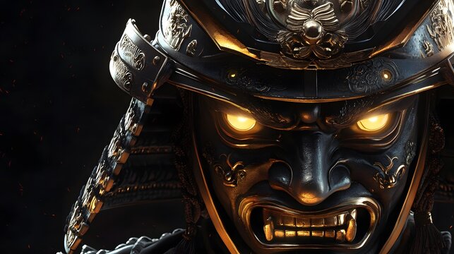 A samurai mask with intricate engravings and fierce details, glowing eyes, isolated on a dark neutral background
