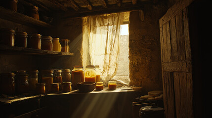 Sunlit pantry; shelves filled with amber jars, rustic charm