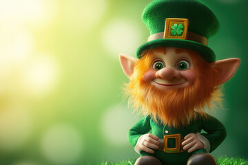 Photo of a cute leprechaun in green with copy space