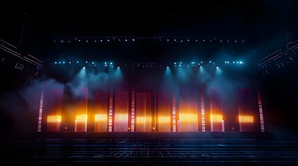 Obraz premium Empty Illuminated Stage in Dark Venue with Orange and Red Flames Fog and Blue Stage Lights Ready for Live Music Concert