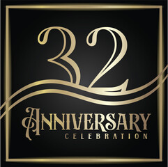 32 years anniversary, birthday logo label. Year. Vector illustration design. Isolated against a black background