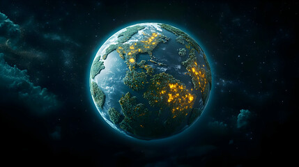 Obraz premium Pixelated Planet Earth At Night From Space With Illuminated Cities And Atmospheric Clouds